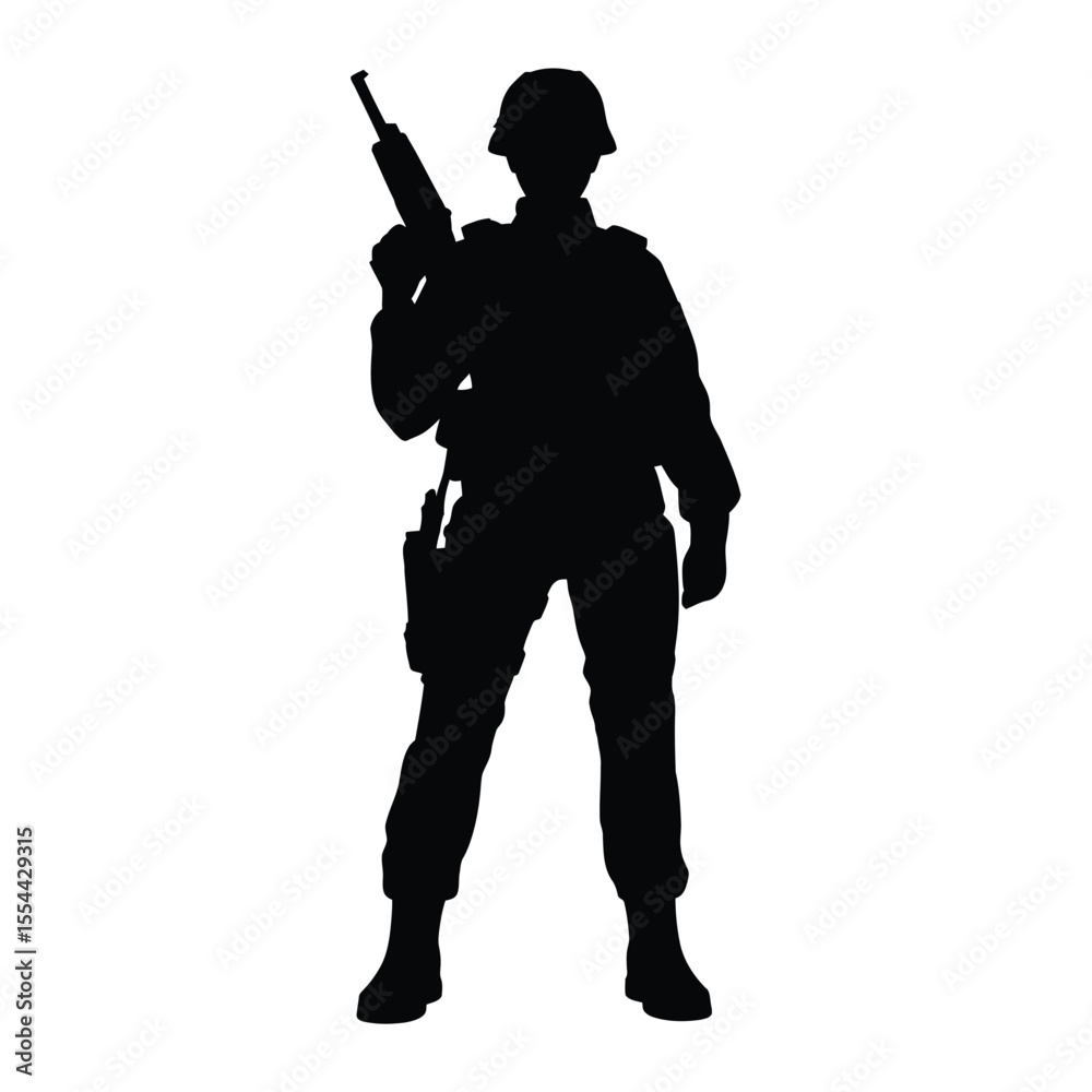 Silhouette of a Soldier Holding a Rifle Standing at Attention Silhouette of a Soldier Holding a Rifle Standing at Attention