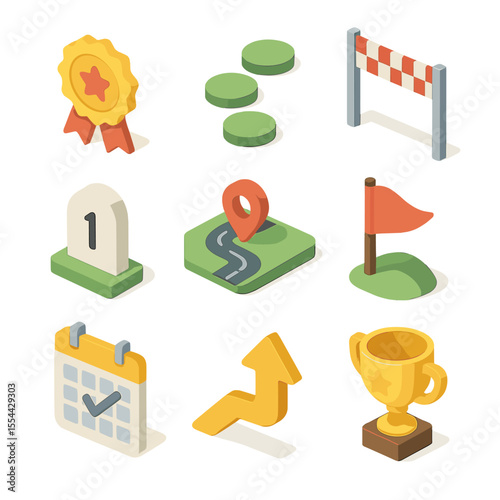 Milestone Tracking Icons. Isometric Flat icon set of milestone tracking: ribbon badge, stepping stones, finish line, milestone