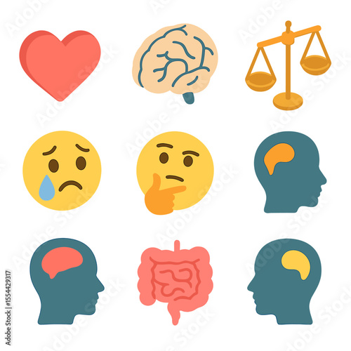 Mind and Emotion Icons. Isometric Flat icon set of emotional versus rational decision-making: heart icon, brain icon, balance