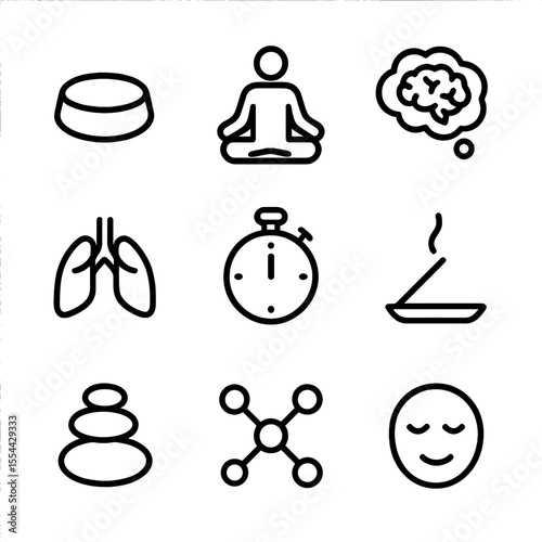 Mindfulness Icon Set. Outline icon set of mindfulness at work: meditation cushion, lotus position silhouette, thought bubble with