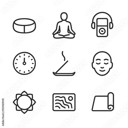 Mindfulness Icon Set. Outline icon set of mindfulness meditation practices: meditation cushion, lotus posture silhouette, guided