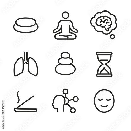 Mindfulness Icon Set. Outline icon set of mindfulness at work: meditation cushion, lotus position silhouette, thought bubble with
