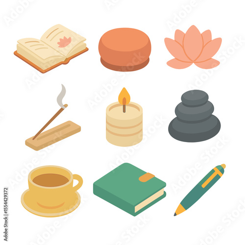 Mindfulness Icon Set. Isometric Flat icon set of mindfulness and meditation books: open book with lotus emblem, meditation cushion
