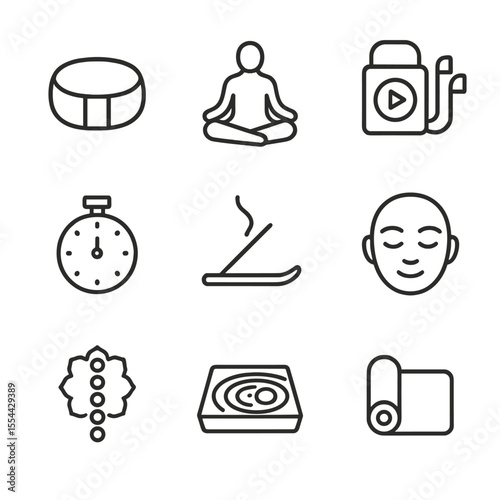 Mindfulness Icon Set. Outline icon set of mindfulness meditation practices: meditation cushion, lotus posture silhouette, guided
