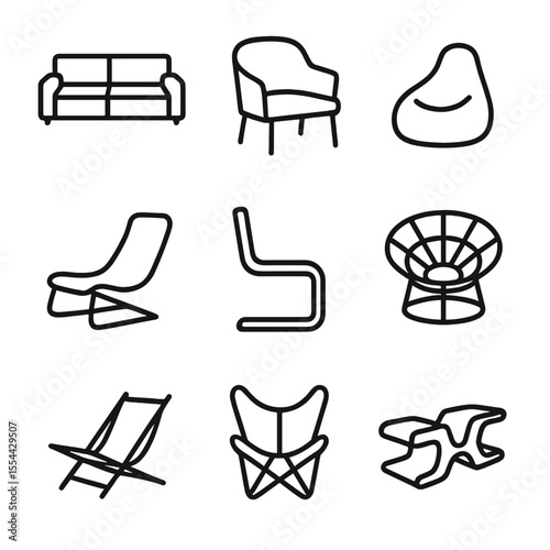 Modern Seating Icons. Outline icon set of Contemporary Seating Options: modular sectional sofa, accent armchair, bean bag chair,