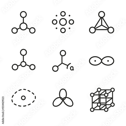 Molecular Structure Icons. Outline icon set of Molecular Structure Diagrams: ball-and-stick model, Lewis dot structure,
