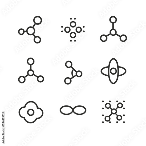 Molecular Structure Icons. Outline icon set of Molecular Structure Diagrams: ball-and-stick model, Lewis dot structure,