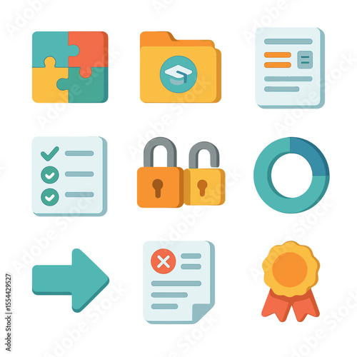 Modular Course Icon Set. Isometric Flat icon set of Modular Course Design: puzzle-piece modules, topic folder icons, unit overview