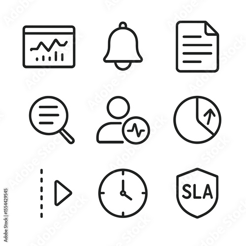 Monitoring Tools Icons. Outline icon set of continuous monitoring and logging: metrics dashboard, alert bell, log file, log search