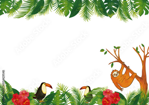 水彩風ナマケモノとトゥーカン 南国植物のフレーム2 / Watercolor Sloth  and Toucan Tropical Leaves Frame