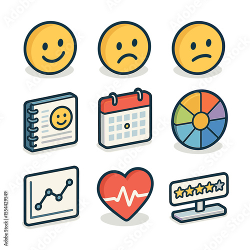 Mood Tracking Icons. Isometric Flat icon set of mood tracking apps: smiling face emoji, sad face emoji, neutral face emoji, mood