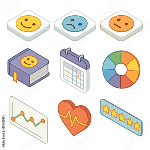 Mood Tracking Icons. Isometric Flat icon set of mood tracking apps: smiling face emoji, sad face emoji, neutral face emoji, mood