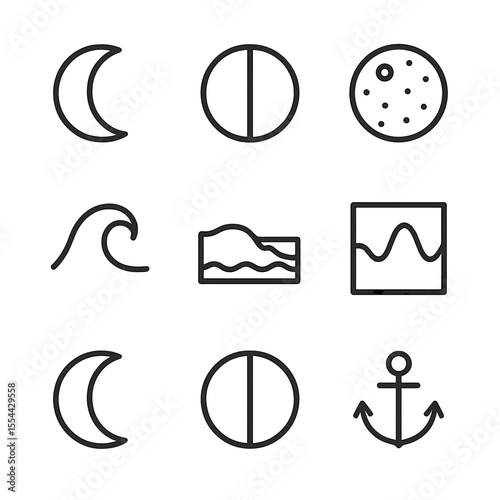 Moon Phases Icon Set. Outline icon set of tidal effects and moon phases: waxing crescent, first quarter, full moon, last quarter,