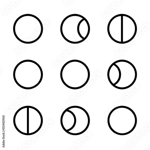 Moon Phases Icons. Outline icon set of Moon Phases: new moon, waxing crescent, first quarter, waxing gibbous, full moon, waning
