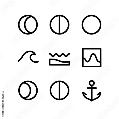 Moon Phases Icon Set. Outline icon set of tidal effects and moon phases: waxing crescent, first quarter, full moon, last quarter,