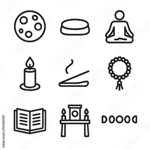 Moonlit Meditation Icons. Outline icon set of Moonlit Meditation Ceremonies: full moon, meditation cushion, lotus position