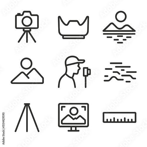 Moonlit Photography Icons. Outline icon set of moonlit landscape photography: camera on tripod, lens hood, reflection on lake,
