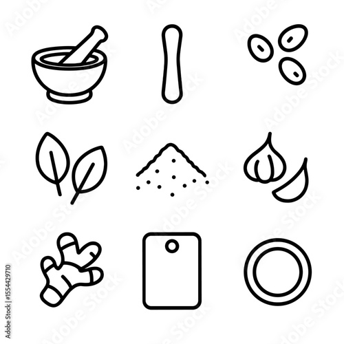 Mortar and Pestle Icons. Outline icon set of mortar and pestle grinding: stone mortar, wooden pestle, spice seeds, herb leaves,