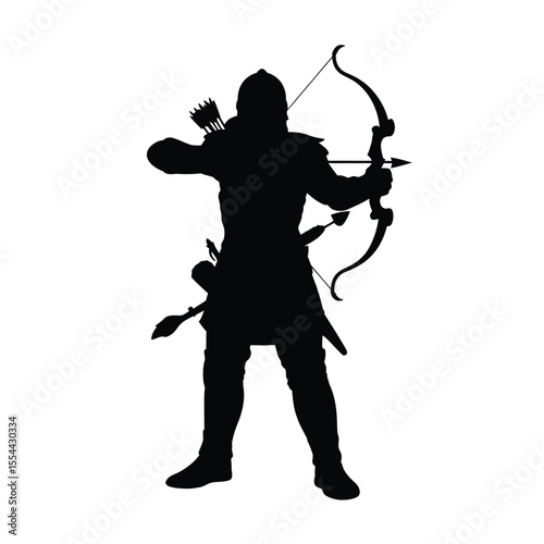 Archer Silhouette Drawing with Bow and Arrow on White Background