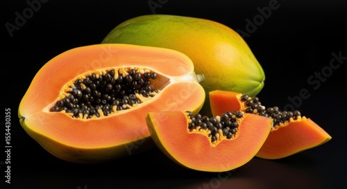 Vibrant Tropical Papaya Fruit Halved and Sliced on Black Background