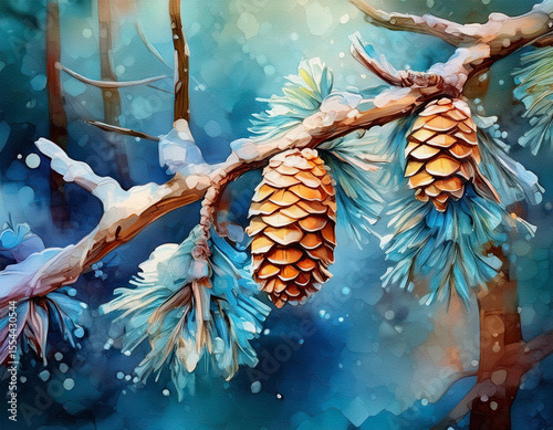 Snowy pine cones hang from a tree branch. A blurred background creates a winter scene, suggesting a cold and peaceful outdoor setting.