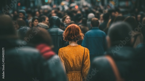 A woman standing still in a busy city while everyone around her turns their backs, symbol of social rejection and alienation, ultra-realistic 
