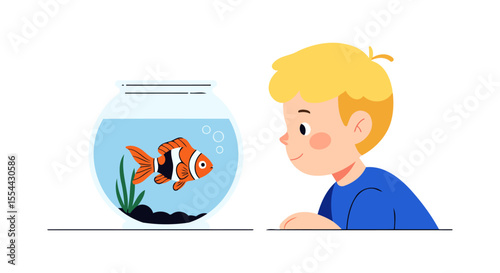 Adorable Boy Watching Colorful Fish in a Glass Bowl