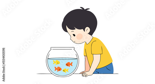 Cute Boy and His Pet Goldfish Adorable Cartoon Illustration