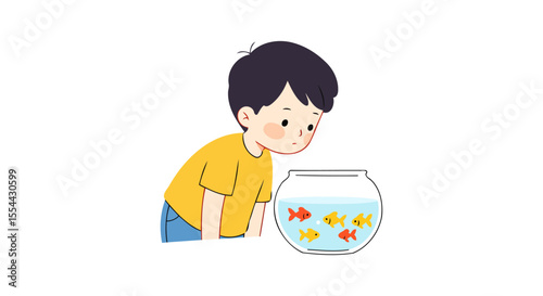 A Cute Boy Tenderly Watching His Pet Goldfish in a Fishbowl