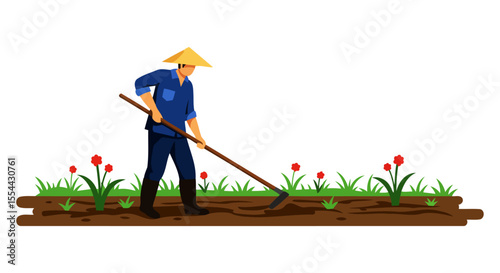 A farmer diligently cultivates his farmland, tending to the soil and nurturing the growth of his crops.