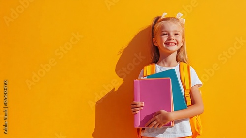 Cheerful elementary school student with backpack is holding colorful textbooks and smiling while looking up on a vibrant orange background, ready for the new school year