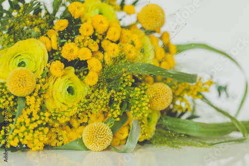 Green plant and yellow flowers close up, floral background