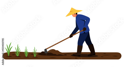 A farmer diligently cultivates the land, planting seedlings for a bountiful harvest.  Symbol of agriculture and nature's growth.