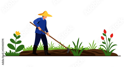 Diligent Gardener Cultivating Plants A Vibrant Countryside Scene