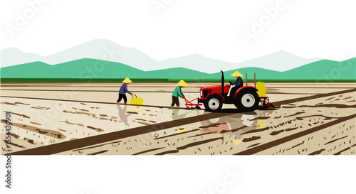 Farmers Working in Rice Paddy Field with Tractor. Rural Landscape, Agriculture, Farming Scene