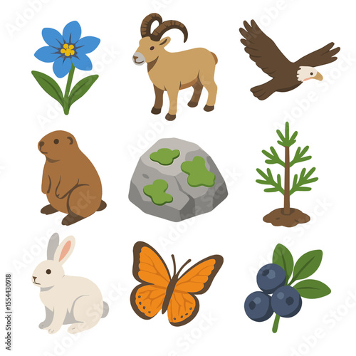 Mountain Flora and Fauna. Isometric Flat icon set of Mountain Flora and Fauna: alpine flower, mountain goat, soaring eagle, marmot