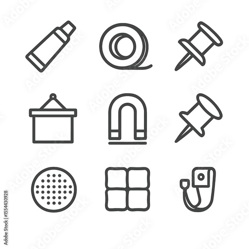 Mounting Tools Icons. Outline icon set of mounting and display: glue tube, double-sided tape, thumbtack, poster hanger, magnet