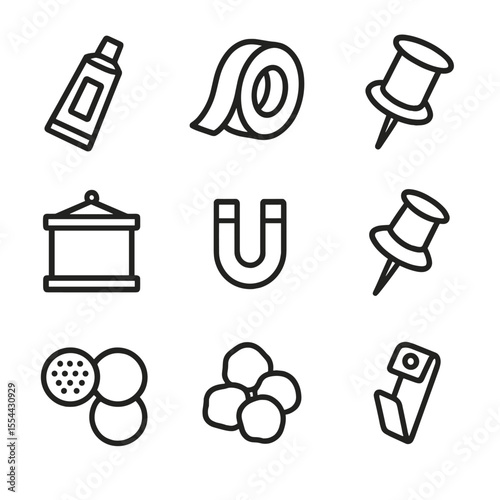 Mounting Tools Icons. Outline icon set of mounting and display: glue tube, double-sided tape, thumbtack, poster hanger, magnet