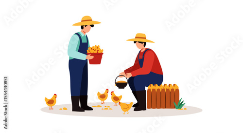 Farmers Feeding Chickens on a Sunny Farm Day