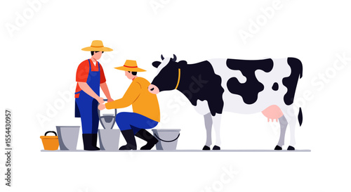 Farmers Milking a Cow on a Dairy Farm Idyllic Rural Scene