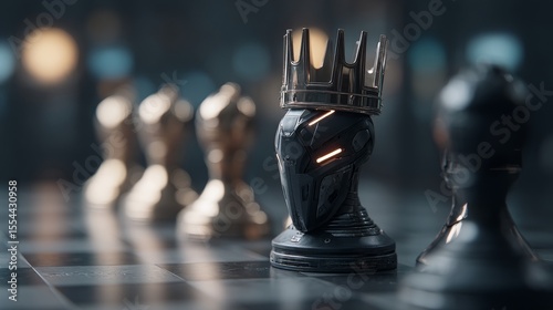 In a dark, futuristic world filled with glowing circuit-like designs, a crowned robot is intensely focused on a game of chess against a hidden opponent