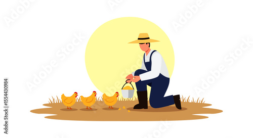Farmer Feeding Chickens on a Sunny Farm Day