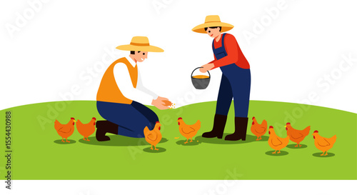 Farmers Feeding Chickens on a Sunny Farm Day