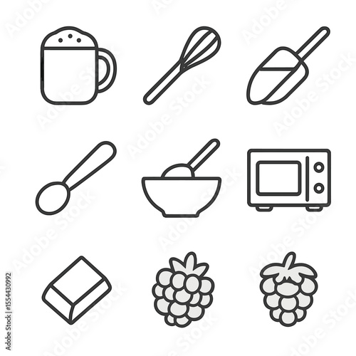 Mug Cake Icons. Outline icon set of mug cakes: coffee mug, whisk, flour scoop, measuring spoon, mixing bowl, spoon, microwave oven