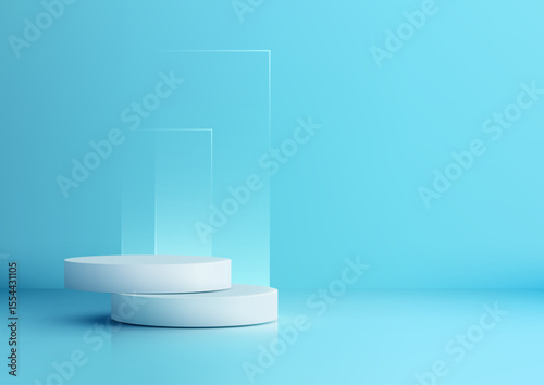 minimalist 3d modern blue white abstract design platform reflective surface product display mockup showcase futuristic