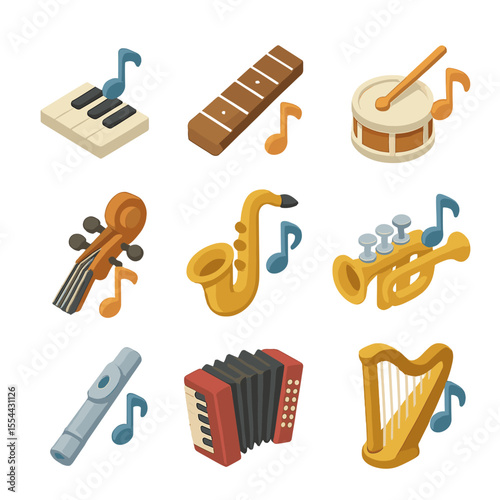 Musical Instruments Icons. Isometric Flat icon set of musical instruments with notes: piano keyboard with note, guitar fretboard
