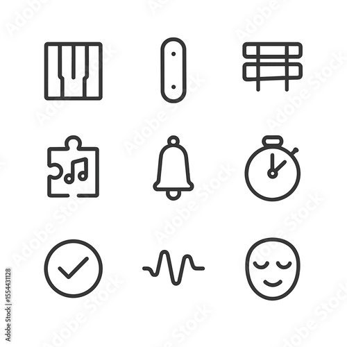 Musical Puzzle Icons. Outline icon set of puzzle game OST: piano key, marimba bar, xylophone bar, puzzle piece with note, chime
