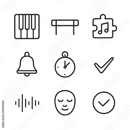 Musical Puzzle Icons. Outline icon set of puzzle game OST: piano key, marimba bar, xylophone bar, puzzle piece with note, chime