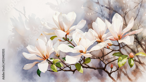 Watercolor illustration of white magnolia flowers on a branch with soft pastel background	
