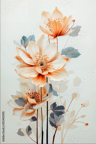 Floral illustration featuring large orange flowers with fine petals and soft-toned leaves on a light neutral background	
